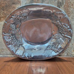 VTG Large Pewter Metal Oval Grapevine Embossed Fruit Bowl Tray